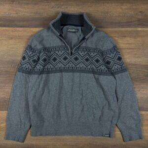 Eddie Bauer Mens Grey Fair Isle Quarter Zip Pullover Sweater Size M Geometric